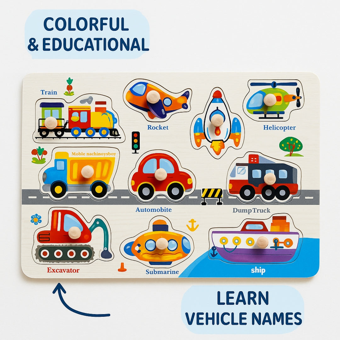 Wooden Vehicles Peg Puzzle with knobs