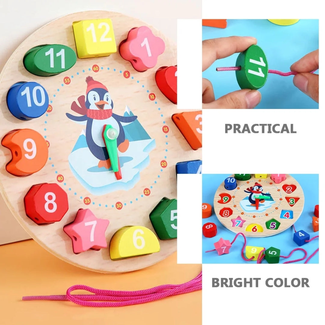 Wooden Learning Clock Toy with Lacing numbers