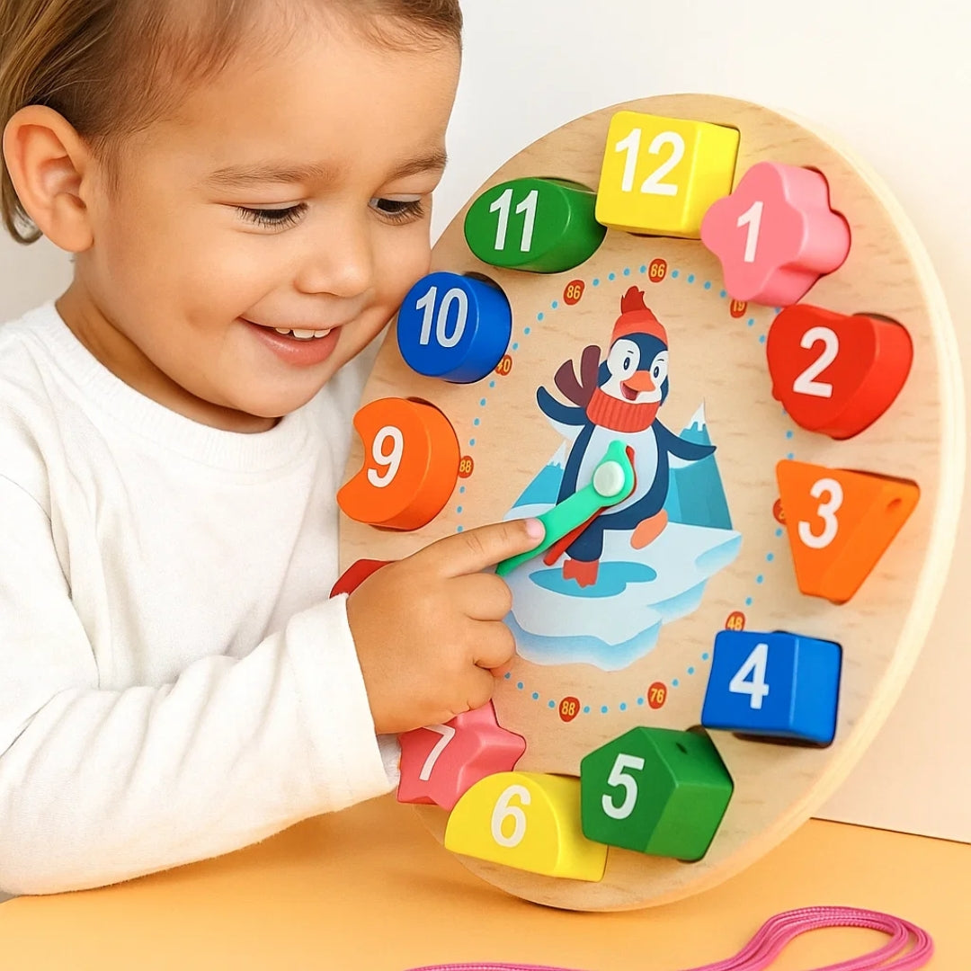Wooden Learning Clock Toy with Lacing numbers
