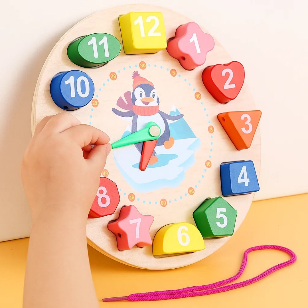 Wooden Learning Clock Toy with Lacing numbers