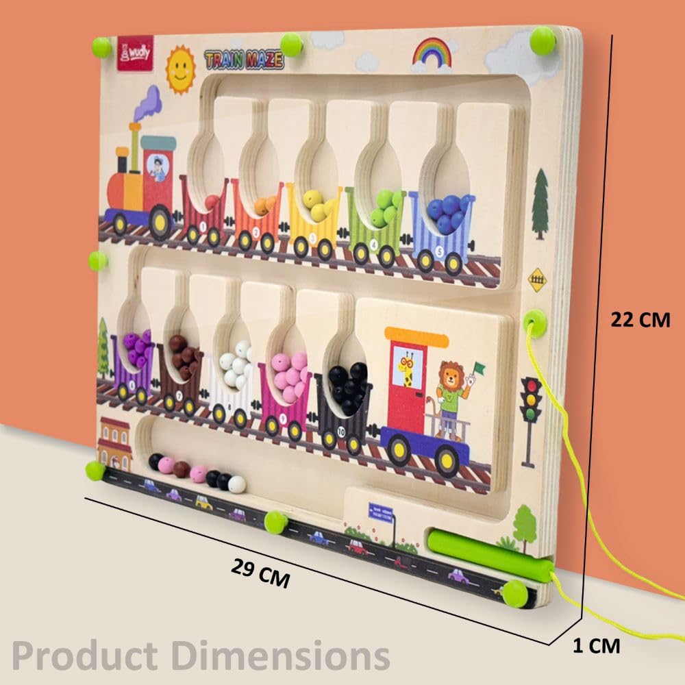 Magnetic Train Maze Board, Wooden Educational Toy, Ages 3-5, Colour Sorting Puzzle with Magnetic Wand