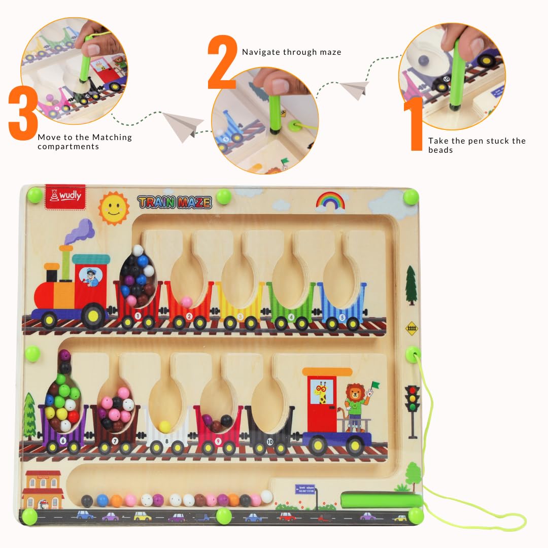Magnetic Train Maze Board, Wooden Educational Toy, Ages 3-5, Colour Sorting Puzzle with Magnetic Wand