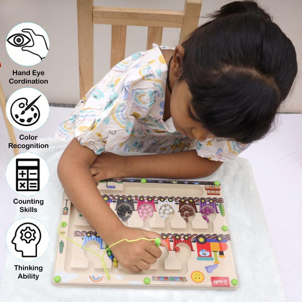 Magnetic Train Maze Board, Wooden Educational Toy, Ages 3-5, Colour Sorting Puzzle with Magnetic Wand