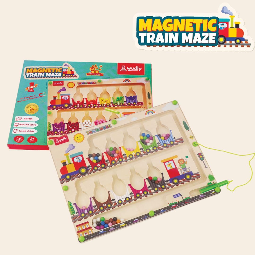 Magnetic Train Maze Board, Wooden Educational Toy, Ages 3-5, Colour Sorting Puzzle with Magnetic Wand