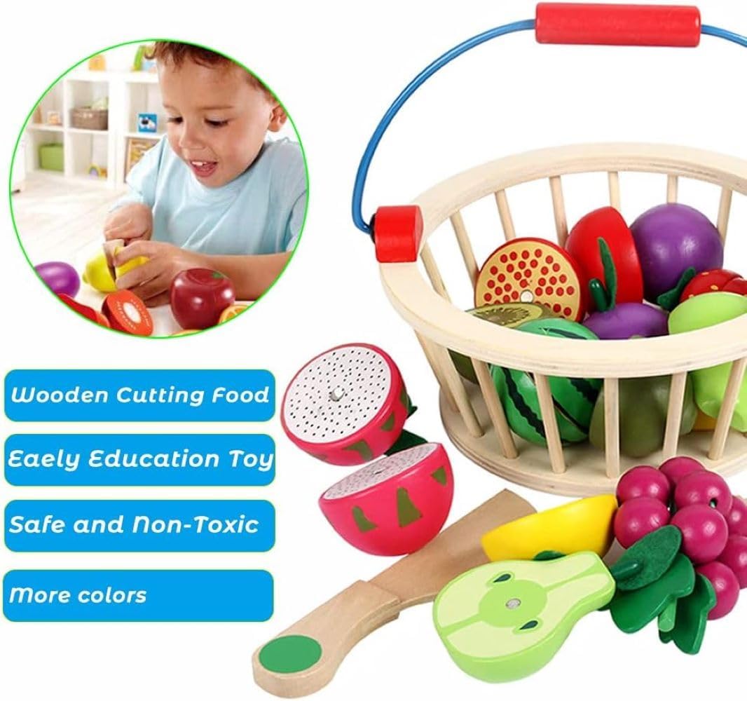 Magnetic Wooden Cutting Fruits – Food Play Toy Set with Basket