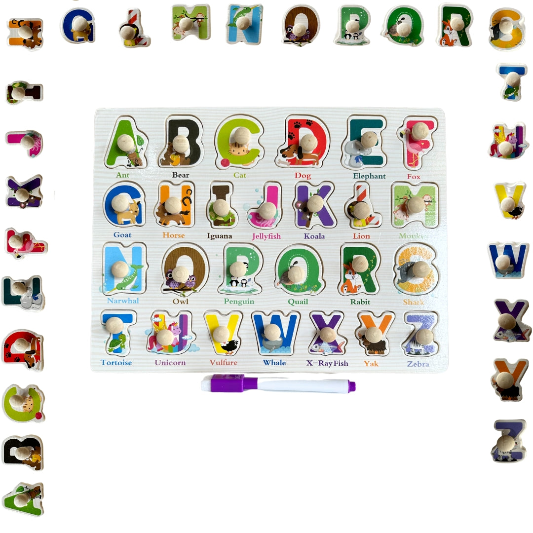 Wooden Alphabet Peg Puzzle with Knobs