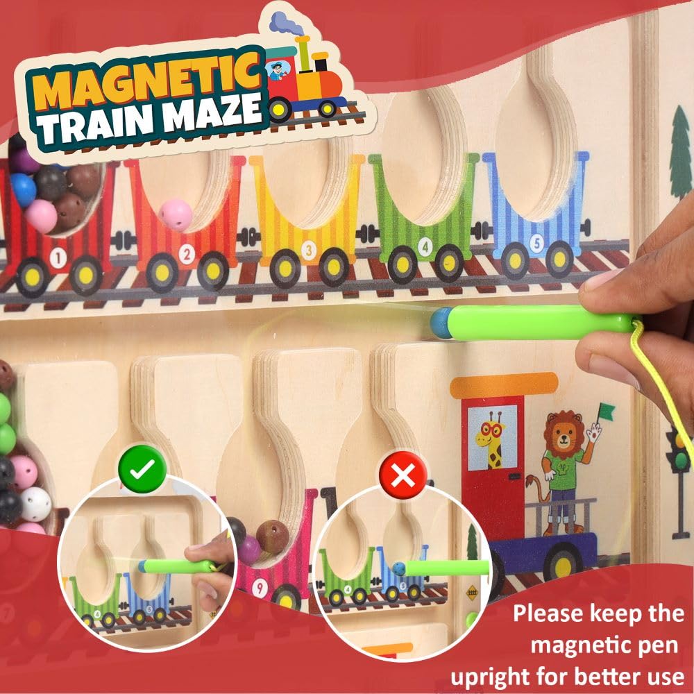 Magnetic Train Maze Board, Wooden Educational Toy, Ages 3-5, Colour Sorting Puzzle with Magnetic Wand