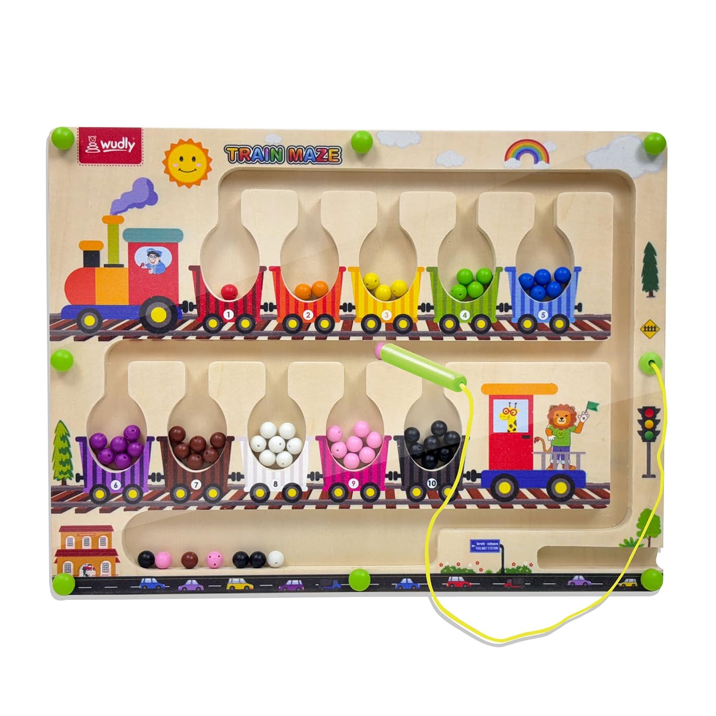 Magnetic Train Maze Board, Wooden Educational Toy, Ages 3-5, Colour Sorting Puzzle with Magnetic Wand