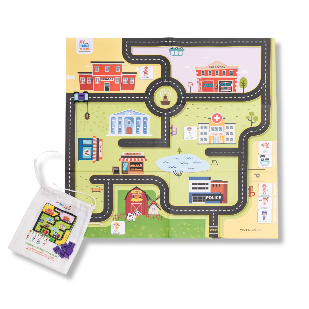City Map Pretend Play - Non-Tearable Mat with Wooden Car and Community Helpers
