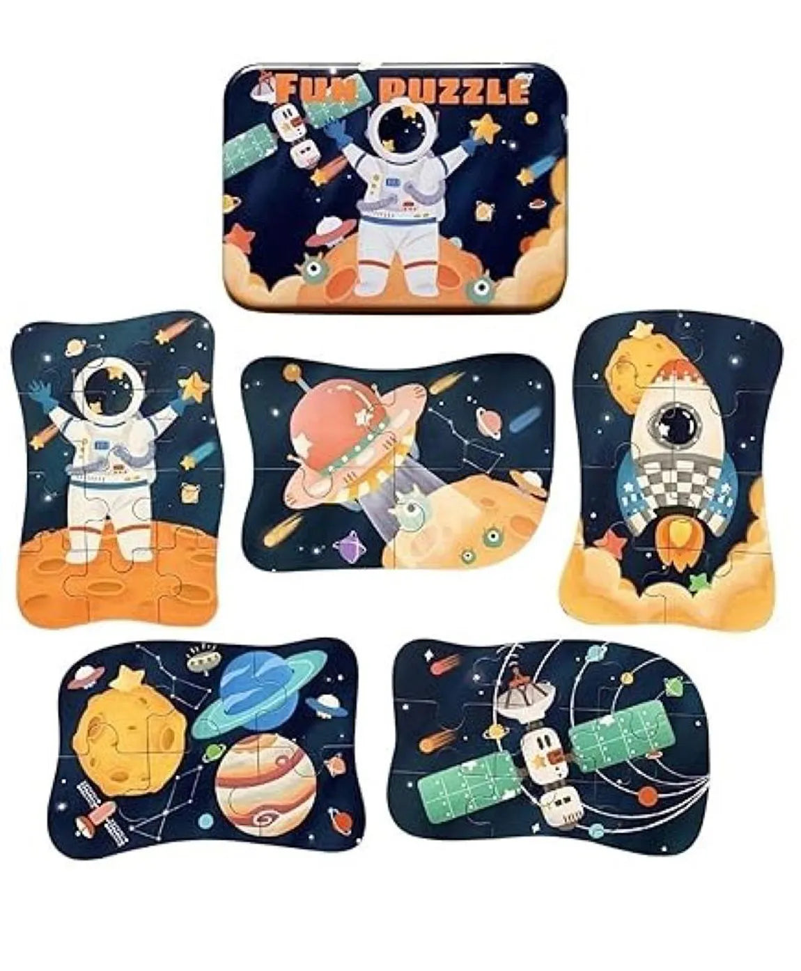 Space Theme Wooden Puzzle Set for Kids | Progressive Puzzle Metal Box