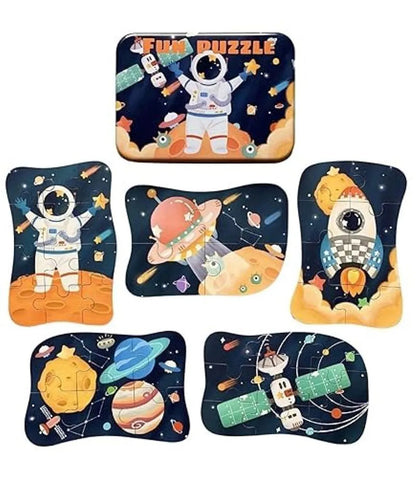 Space Theme Wooden Puzzle Set for Kids | Progressive Puzzle Metal Box