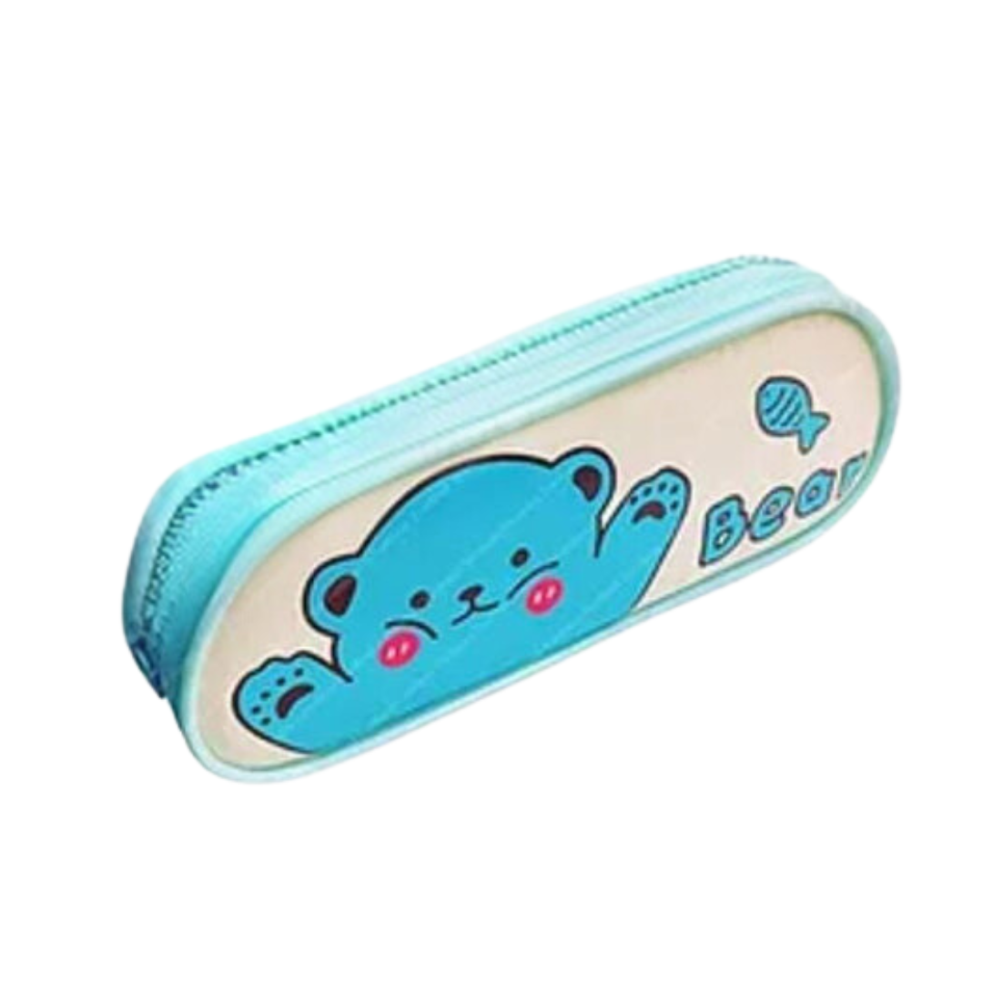 Premium Animal Print Pencil Pouch -Blue Bear