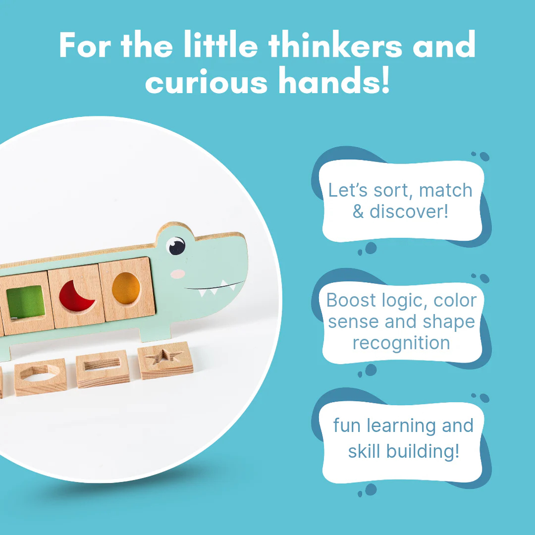 Wooden Crocodile Snap &amp; Learn Shapes Board – For Kids