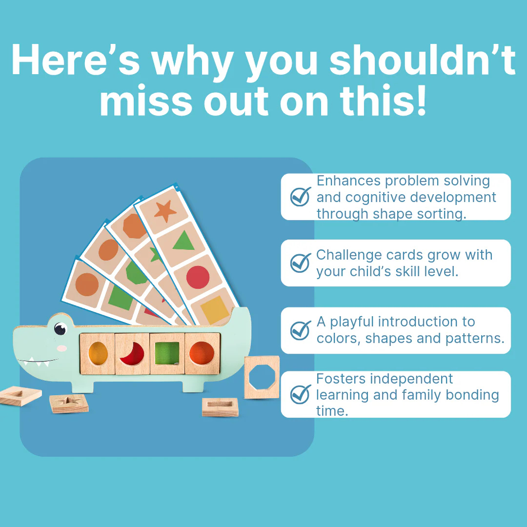 Wooden Crocodile Snap &amp; Learn Shapes Board – For Kids