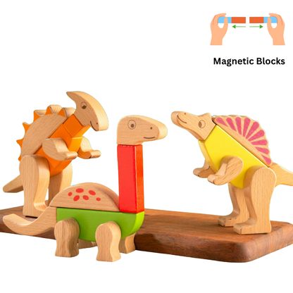 Premium Quality Wooden Dino Magnetic Blocks – 26 pcs