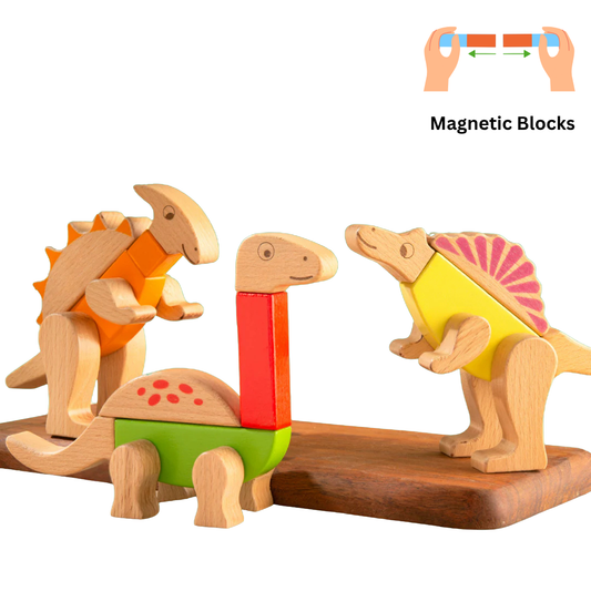 Premium Quality Wooden Dino Magnetic Blocks – 26 pcs