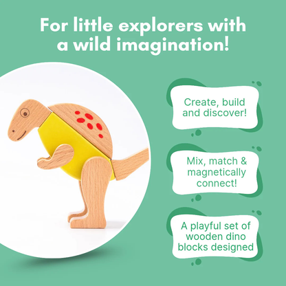 Premium Quality Wooden Dino Magnetic Blocks – 26 pcs