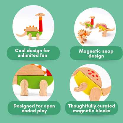 Premium Quality Wooden Dino Magnetic Blocks – 26 pcs