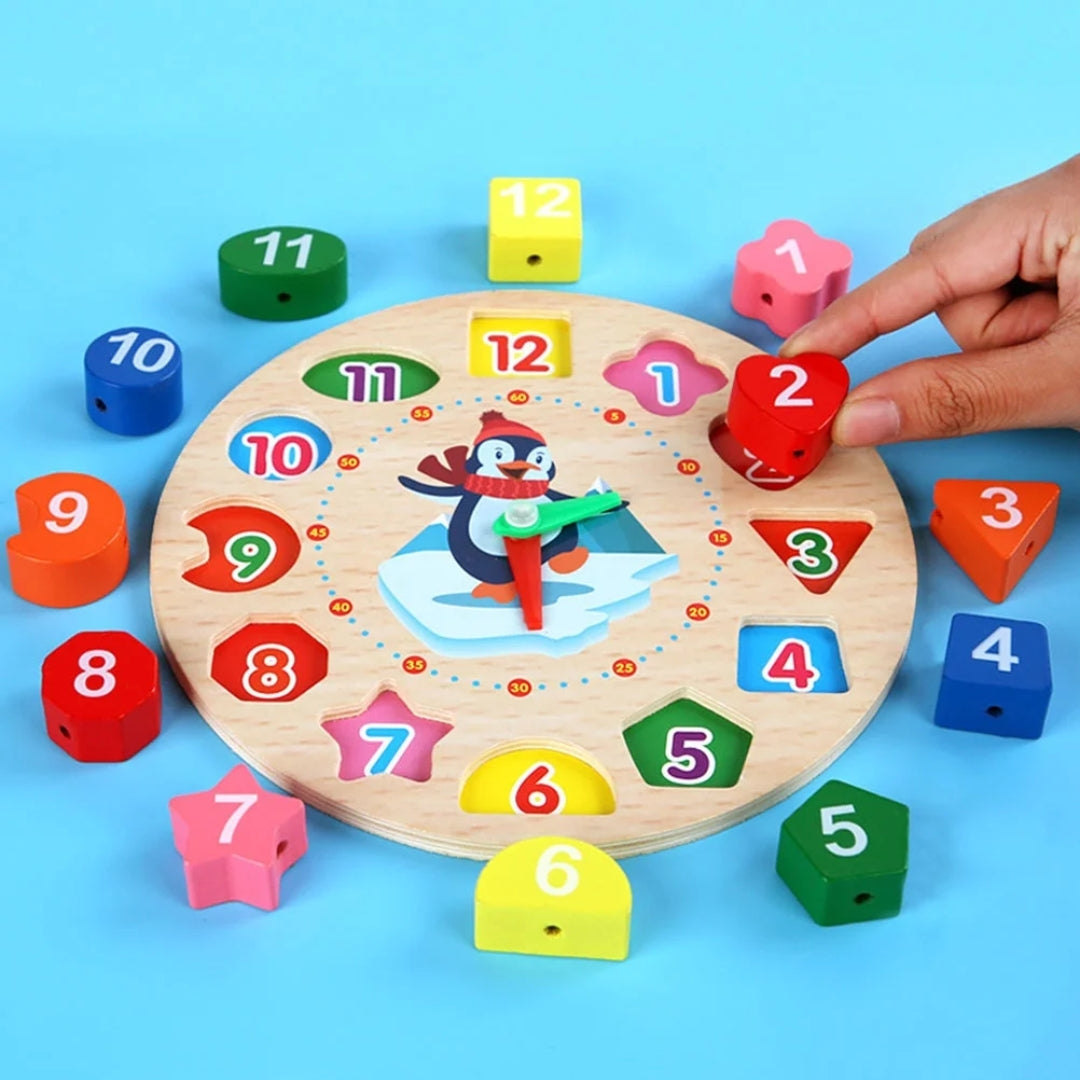 Wooden Learning Clock Toy with Lacing numbers
