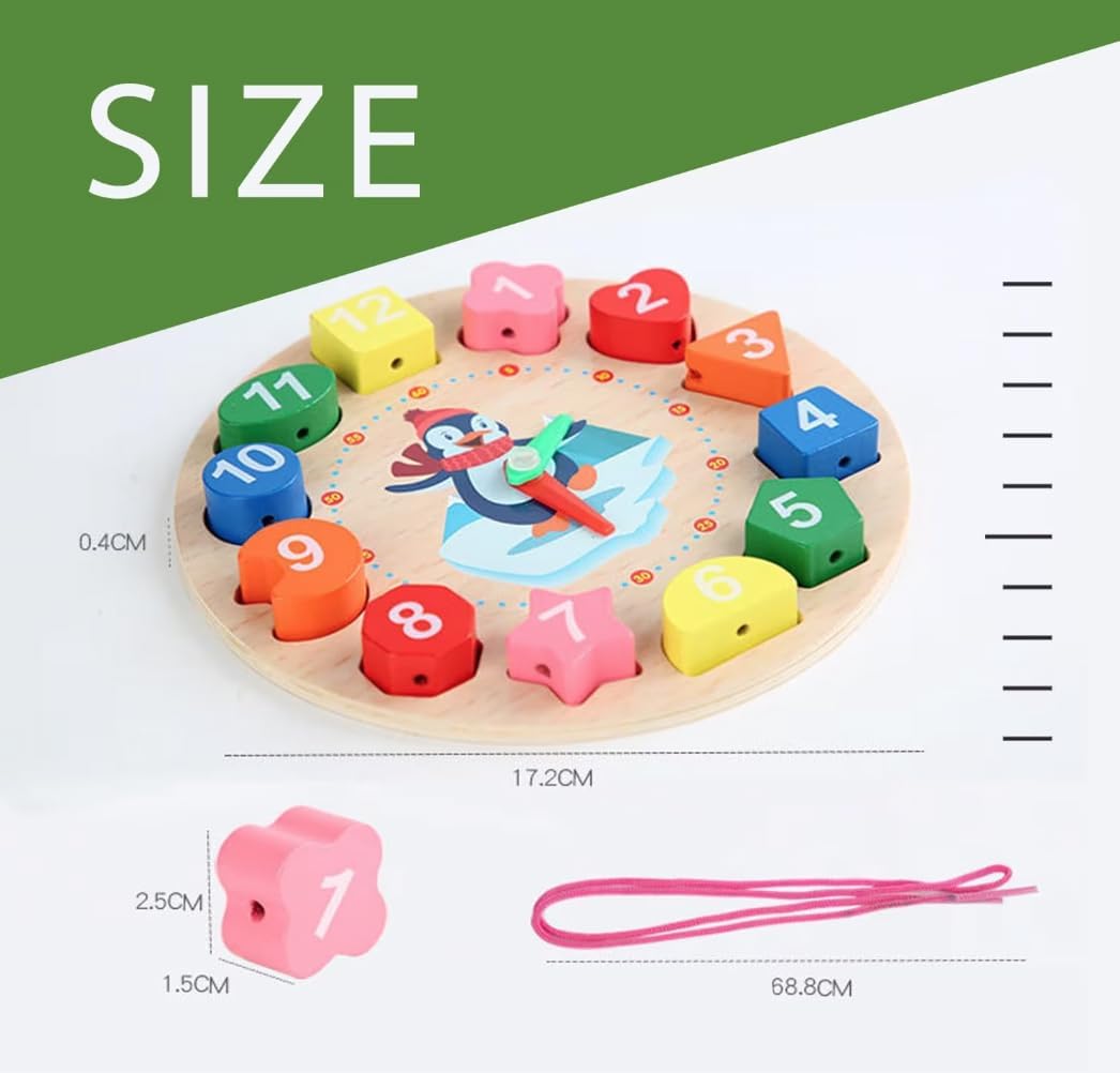Wooden Learning Clock Toy with Lacing numbers