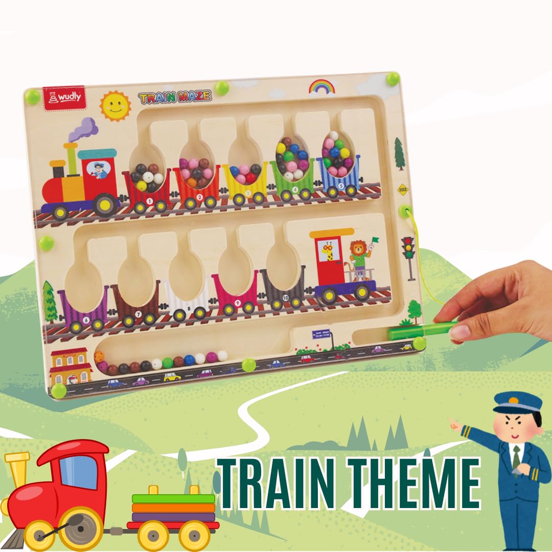 Magnetic Train Maze Board, Wooden Educational Toy, Ages 3-5, Colour Sorting Puzzle with Magnetic Wand