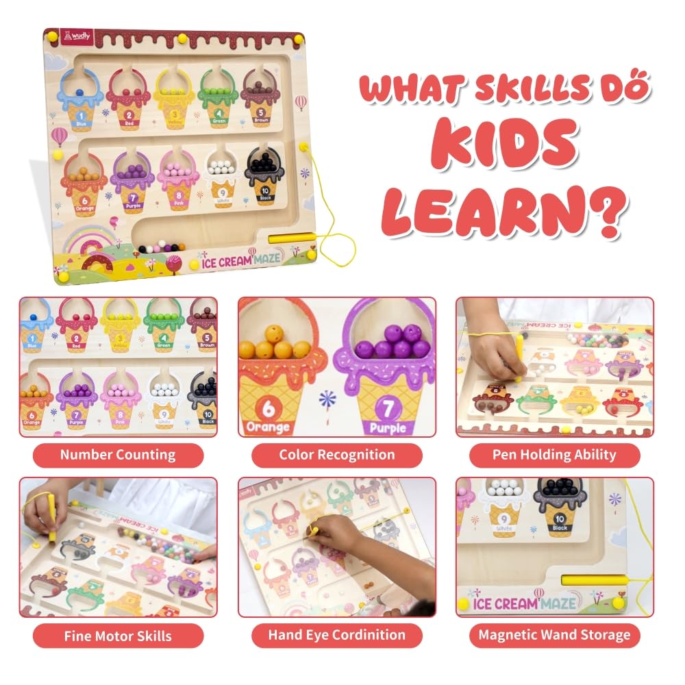 Ice Cream Magnetic Color &amp; Number Maze – Wooden Learning Puzzle Board