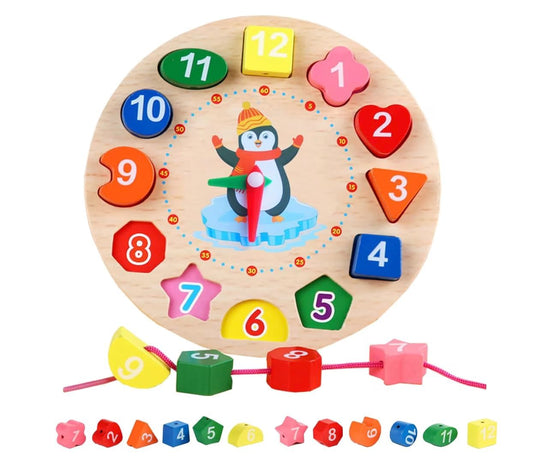 Wooden Learning Clock Toy with Lacing numbers