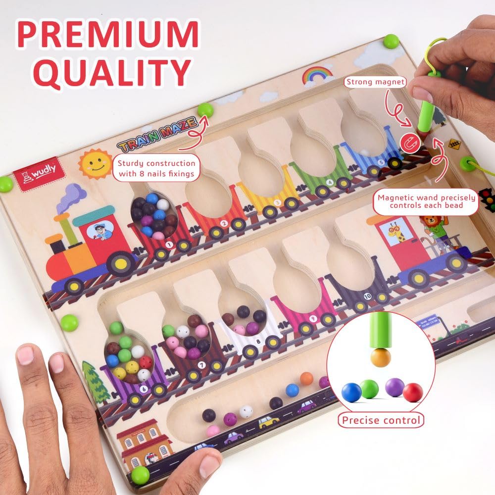 Magnetic Train Maze Board, Wooden Educational Toy, Ages 3-5, Colour Sorting Puzzle with Magnetic Wand