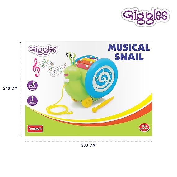 Giggles Funskool Giggles, 3 In 1 Pull Along Musical Snail, Xylophone, Drum And Walking, Pull Along, Preschool Toys, 12 Months & Above,