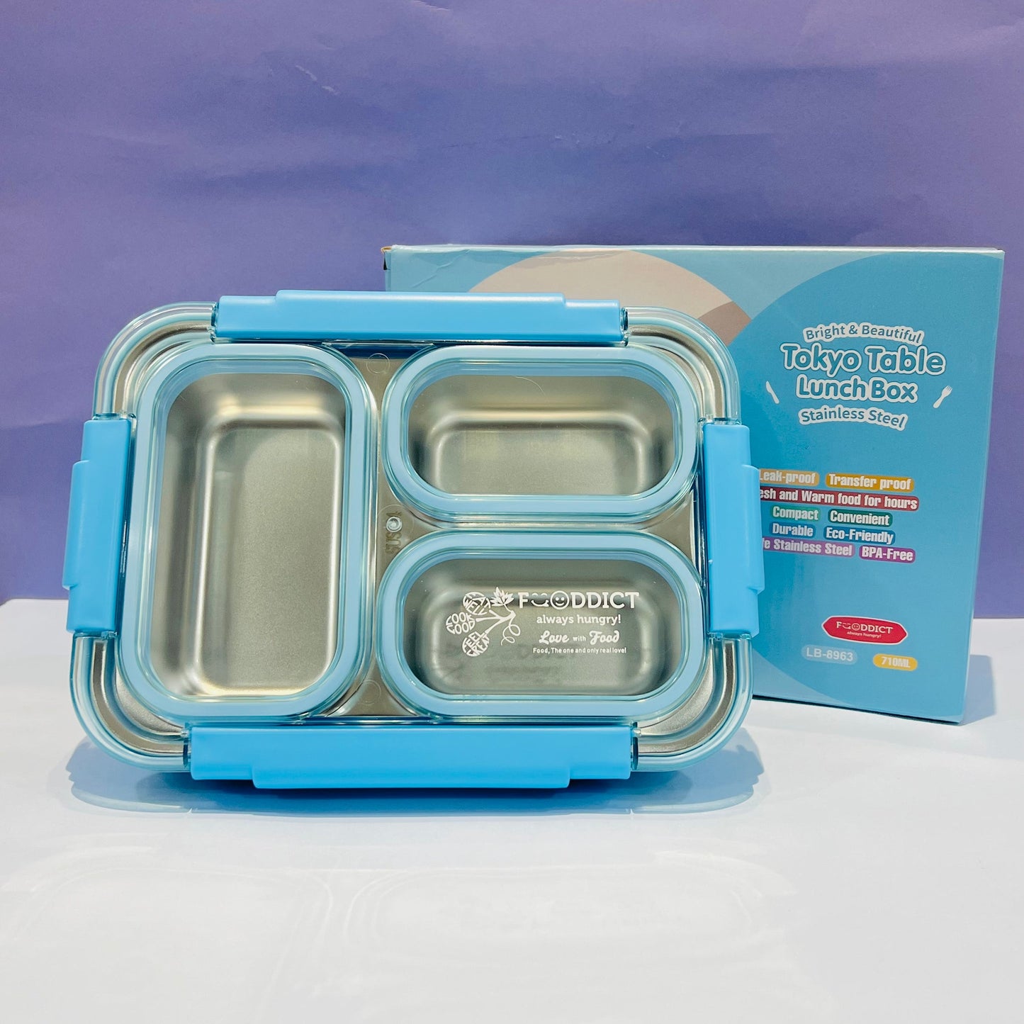 100% Spill Free Steel Bento Tiffin- 3 Compartments Lunchbox (710ml)