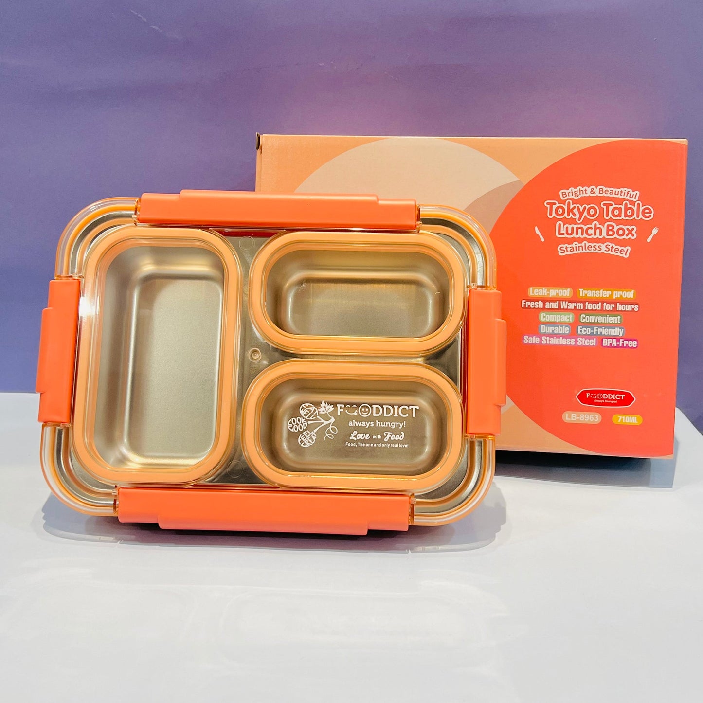 100% Spill Free Steel Bento Tiffin- 3 Compartments Lunchbox (710ml)