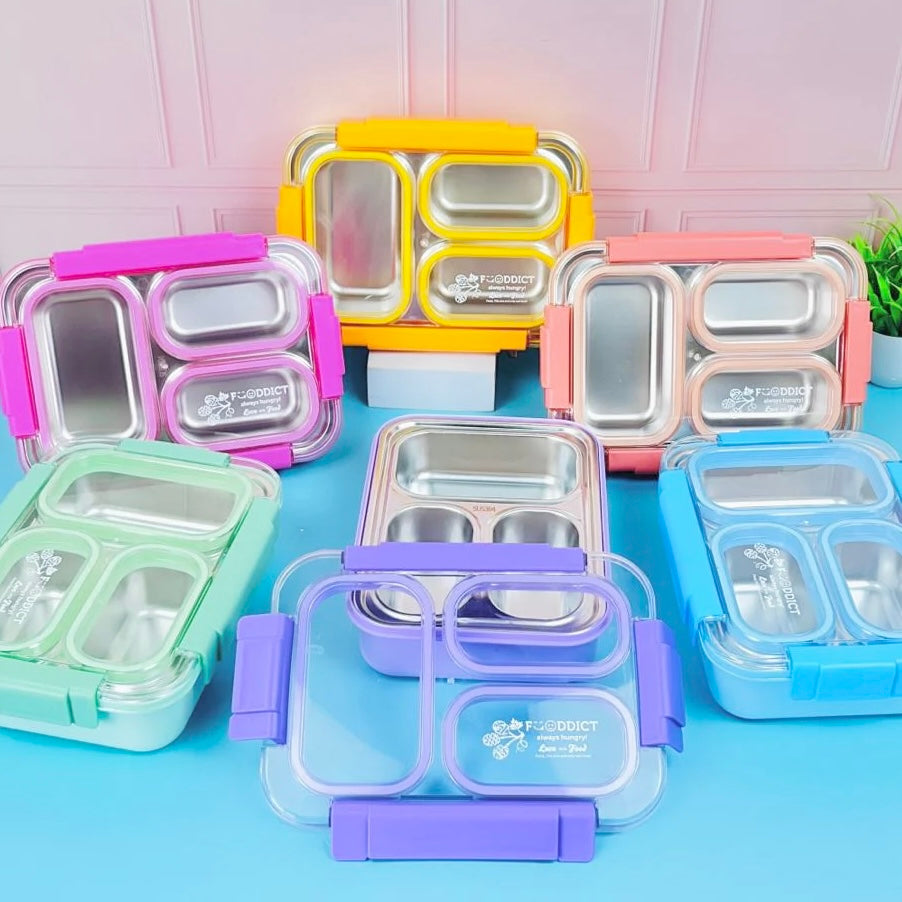 100% Spill Free Steel Bento Tiffin- 3 Compartments Lunchbox (710ml)