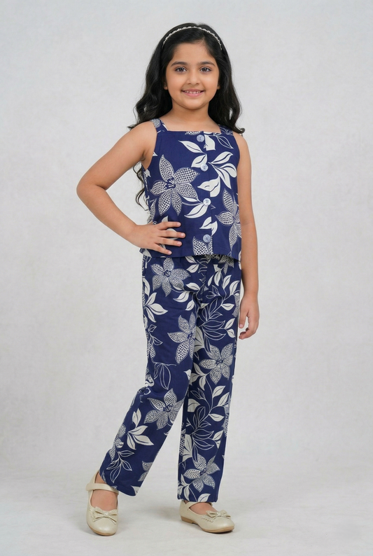 Bright Blue Sleeveless Trendy Printed Cotton Co-ord Set for Kids