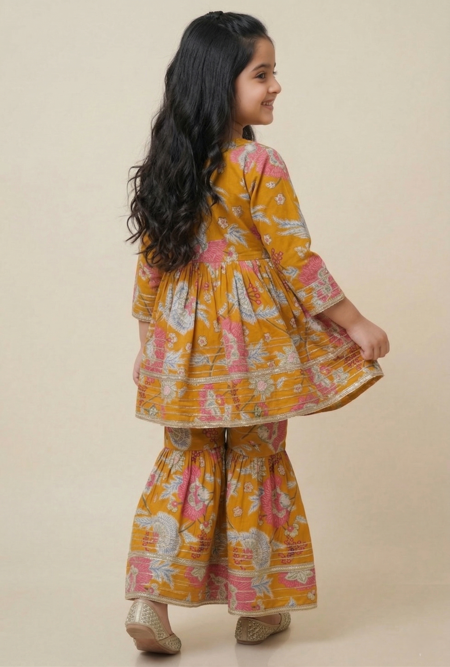 Mustard and Pink Floral Printed Cotton Kurti And Flared Palazzo