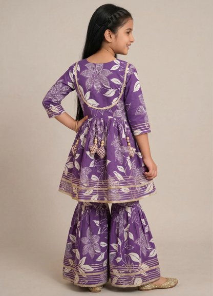 Purple Floral Printed Cotton Kurti And Flared Palazzo