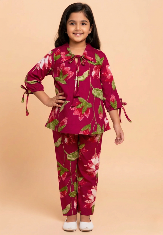 Maroon Trendy Printed Cotton Co-ord Set for Kids