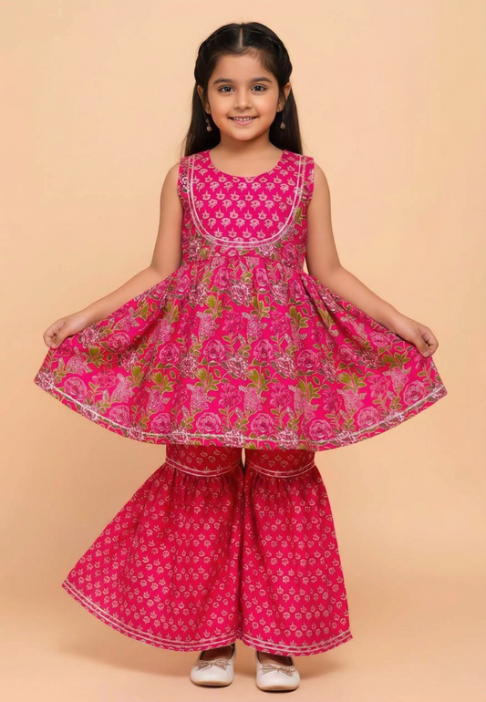 Pink Floral Printed Cotton Kurti And Flared Palazzo
