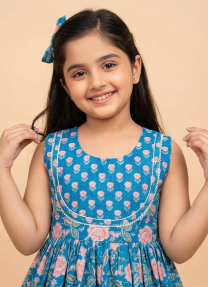 Blue Floral Printed Cotton Kurti And Flared Palazzo