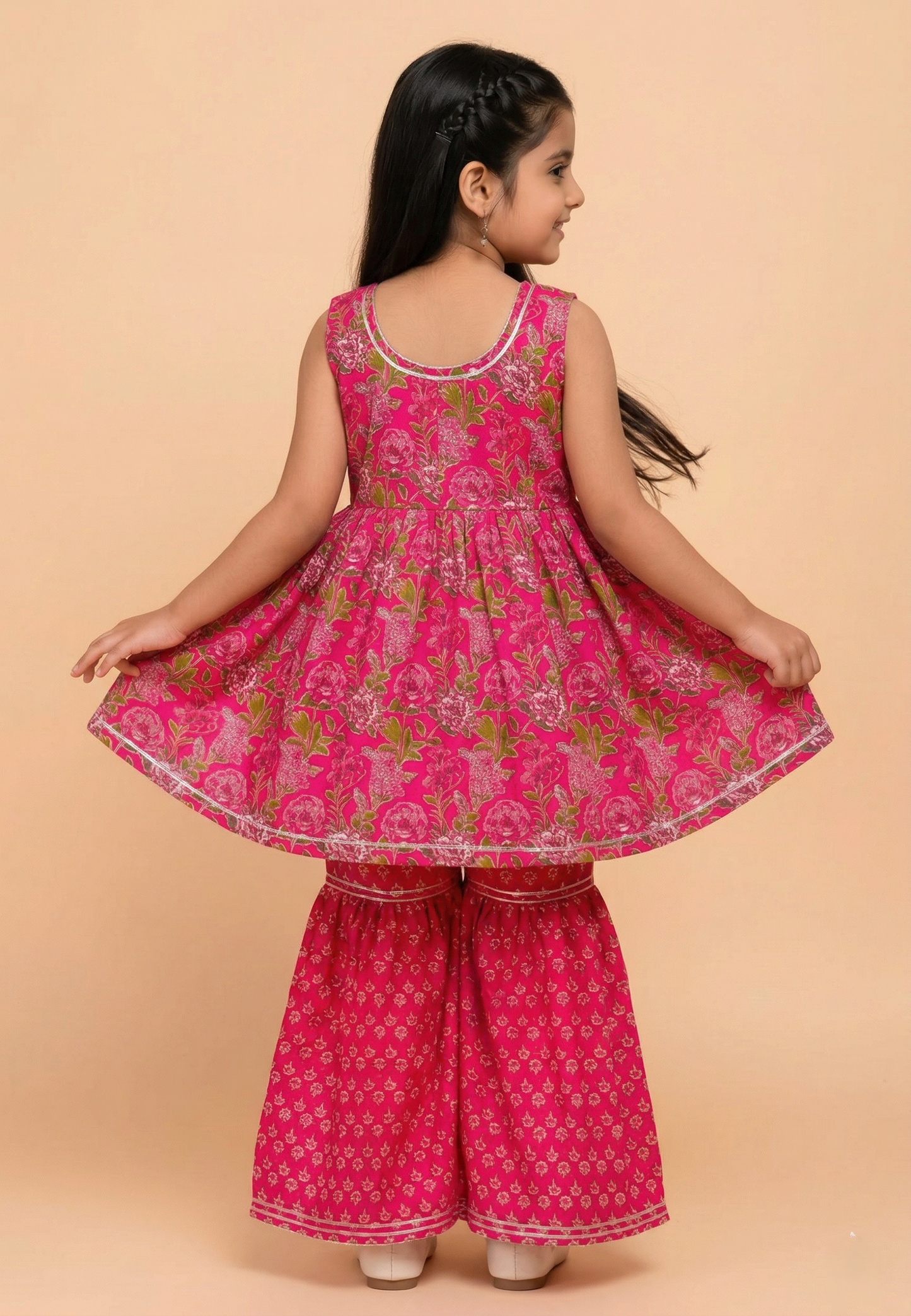Pink Floral Printed Cotton Kurti And Flared Palazzo