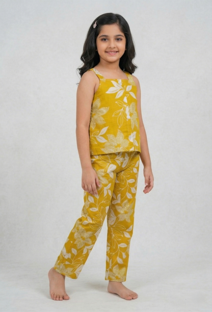 Yellow Sleeveless Trendy Printed Cotton Co-ord Set for Kids