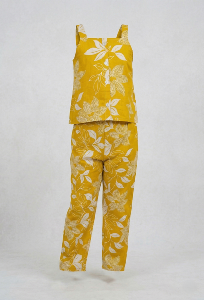 Yellow Sleeveless Trendy Printed Cotton Co-ord Set for Kids