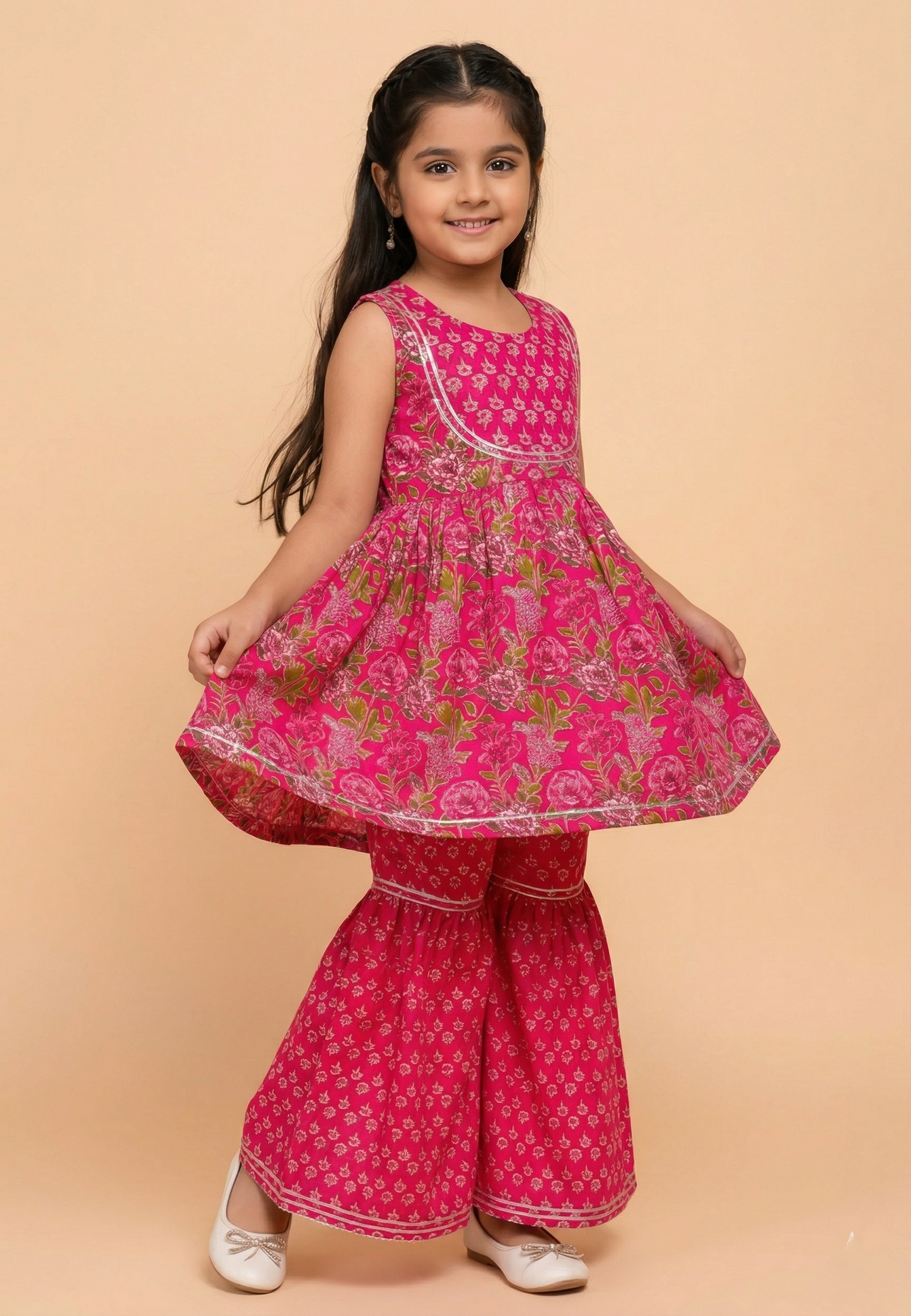Pink Floral Printed Cotton Kurti And Flared Palazzo
