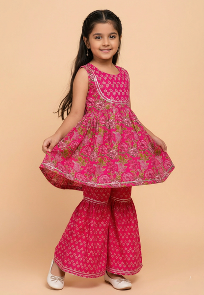 Pink Floral Printed Cotton Kurti And Flared Palazzo