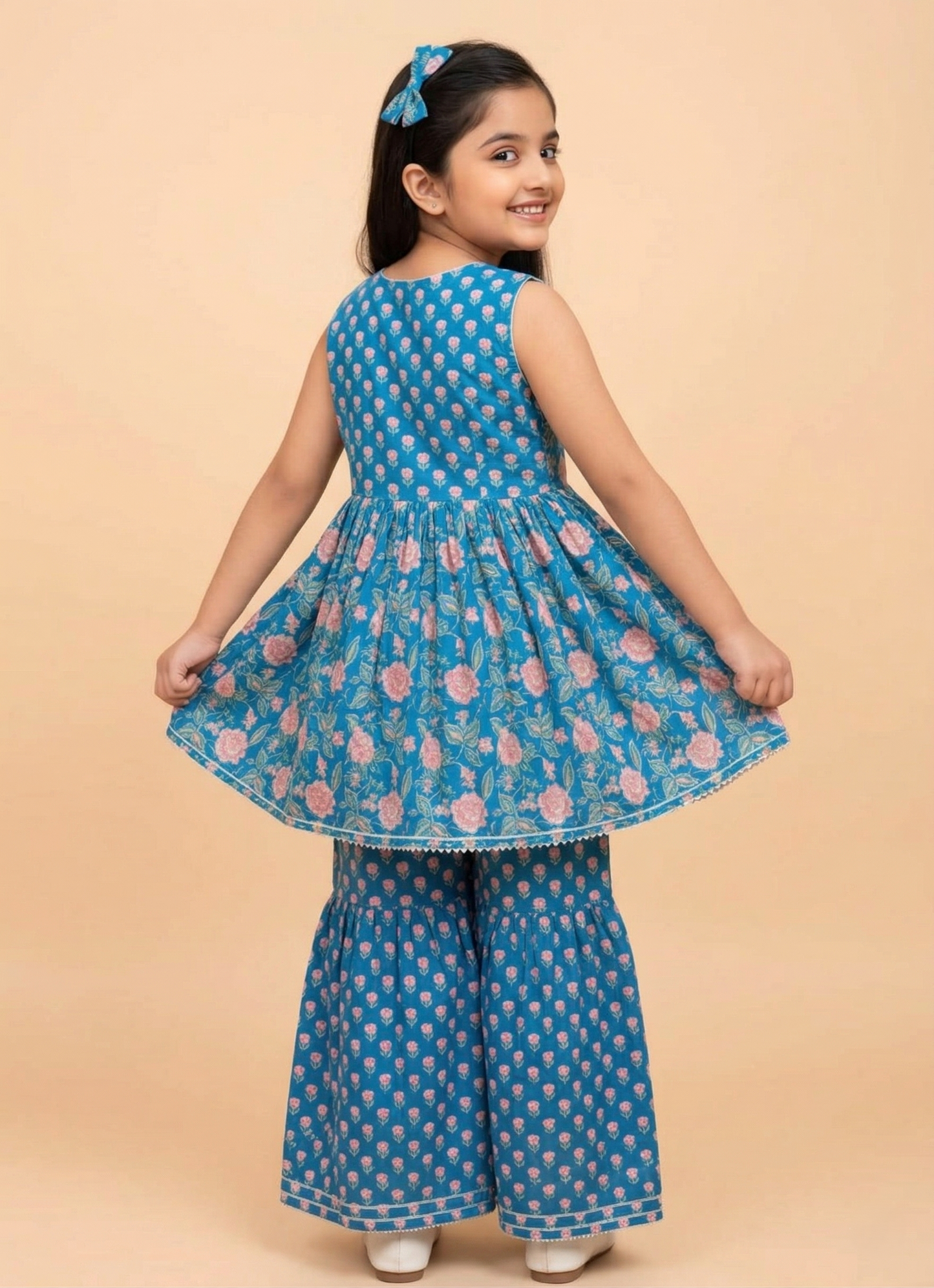 Blue Floral Printed Cotton Kurti And Flared Palazzo