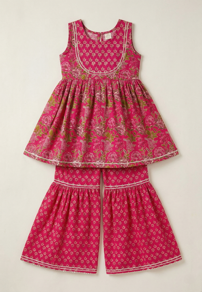 Pink Floral Printed Cotton Kurti And Flared Palazzo