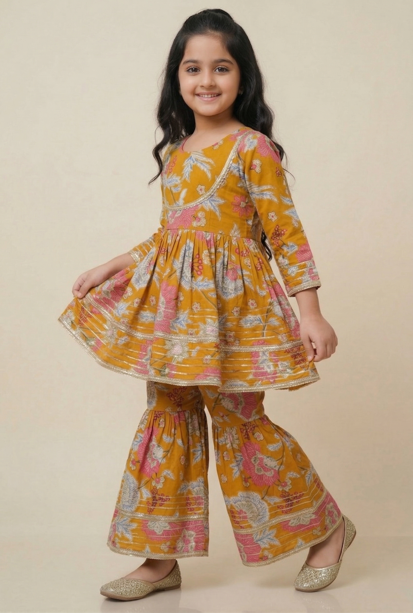 Mustard and Pink Floral Printed Cotton Kurti And Flared Palazzo
