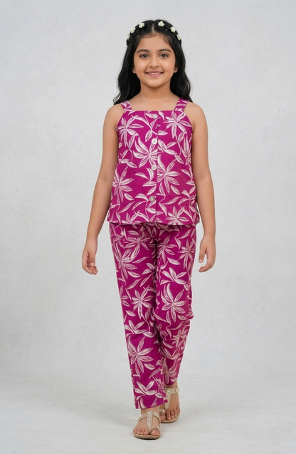 Pink Sleeveless Trendy Printed Cotton Co-ord Set for Kids