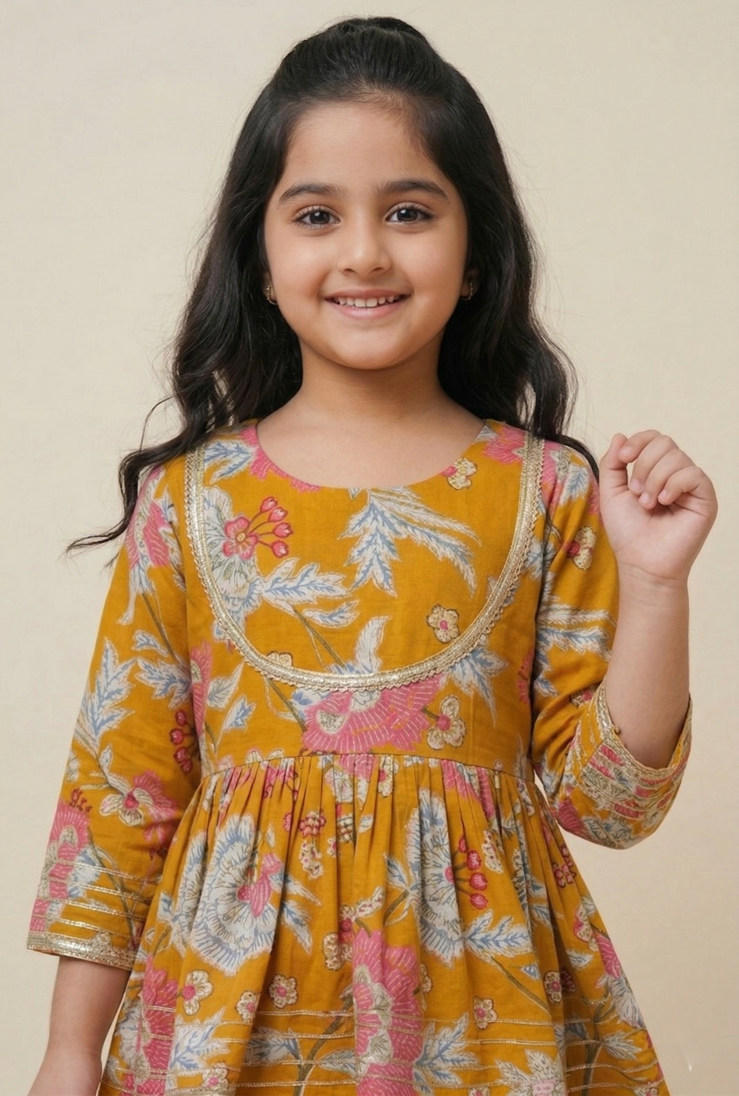 Mustard and Pink Floral Printed Cotton Kurti And Flared Palazzo