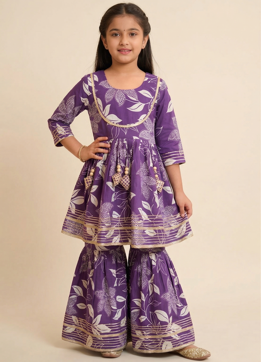 Purple Floral Printed Cotton Kurti And Flared Palazzo