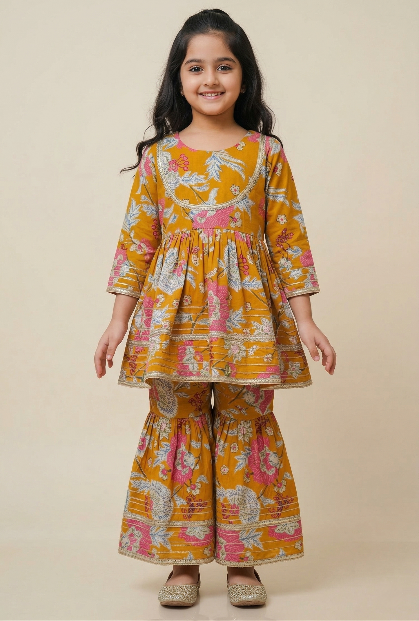 Mustard and Pink Floral Printed Cotton Kurti And Flared Palazzo
